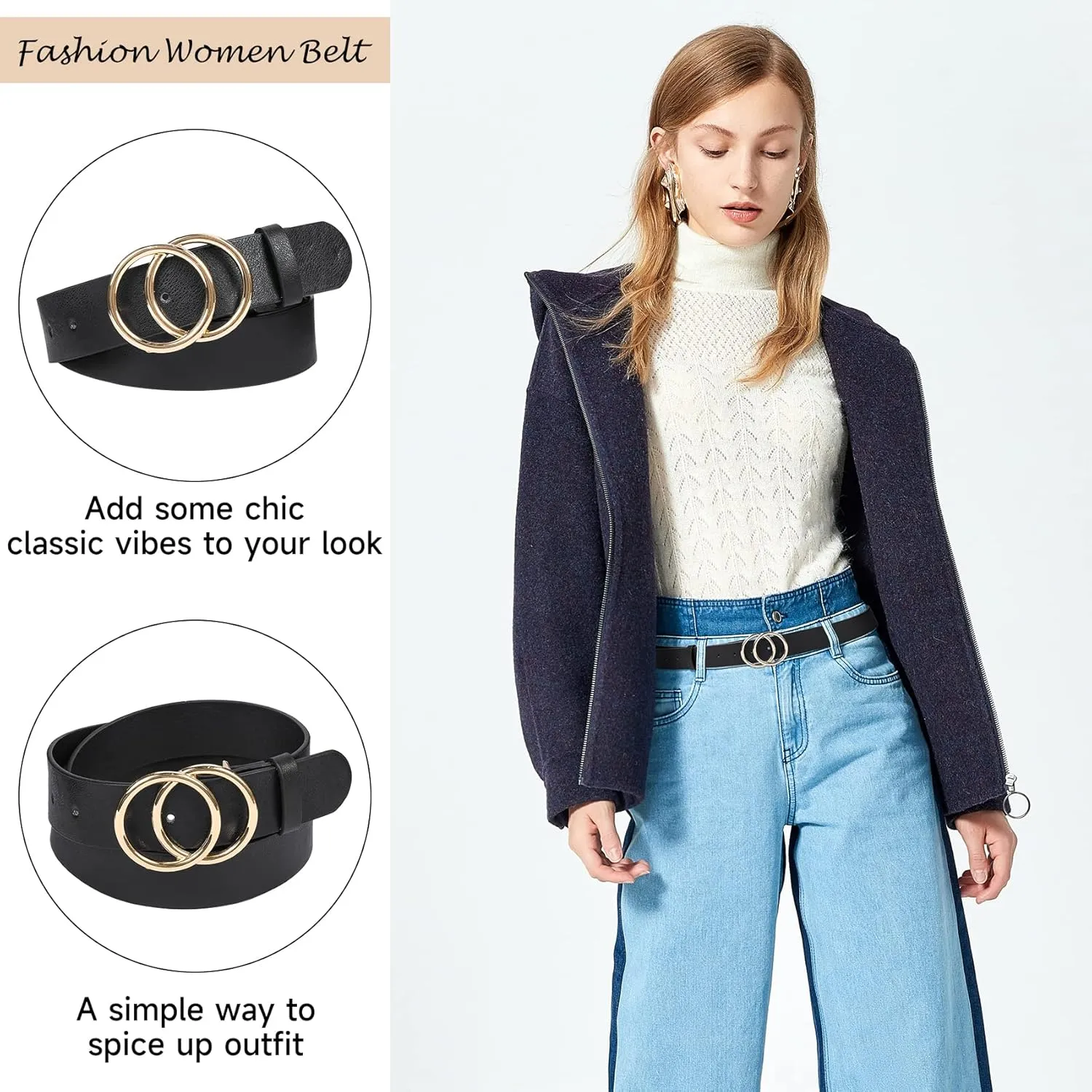 1 & 2 & 3 Pack Women Belts Faux Leather for Jeans Fashion Belt with Gold Buckle Ladies Dress Belt
