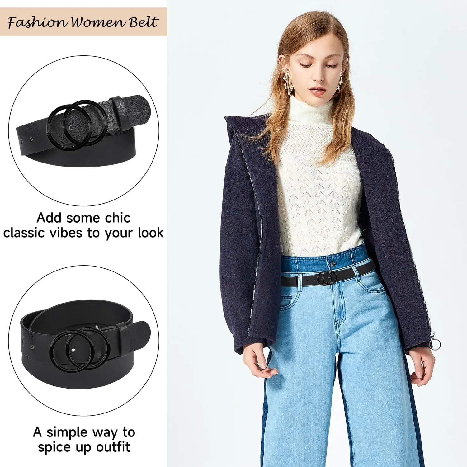 1 & 2 & 3 Pack Women Belts Faux Leather for Jeans Fashion Belt with Gold Buckle Ladies Dress Belt