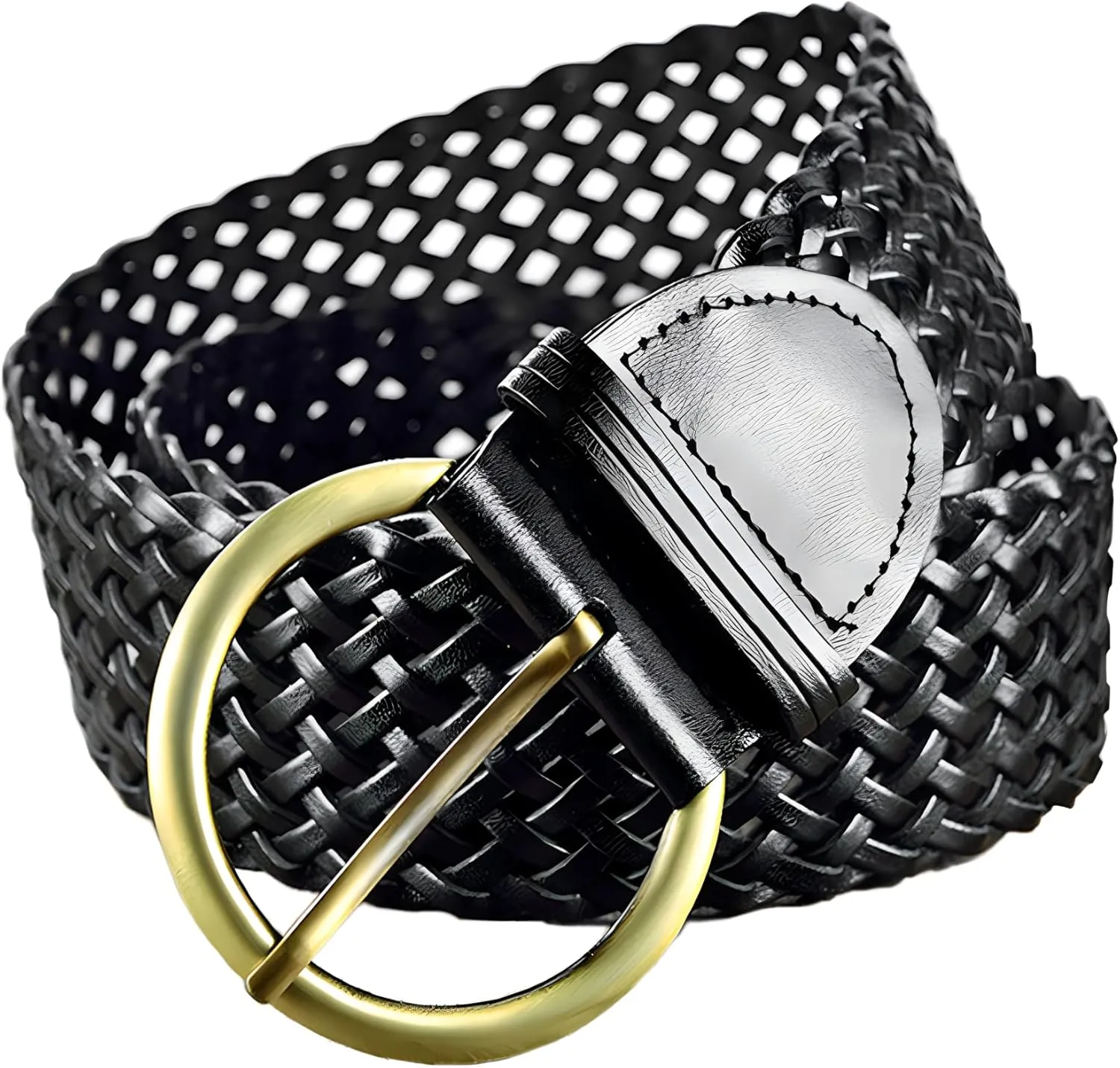 2 Inch Wide Leather Braided Belts for Women Hand Made Soft Woven Waistbands with Round Golden Pin Buckle
