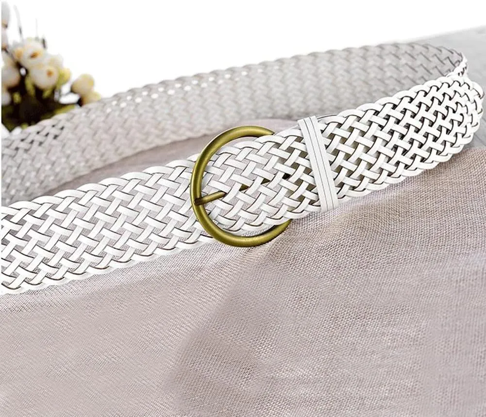 2 Inch Wide Leather Braided Belts for Women Hand Made Soft Woven Waistbands with Round Golden Pin Buckle
