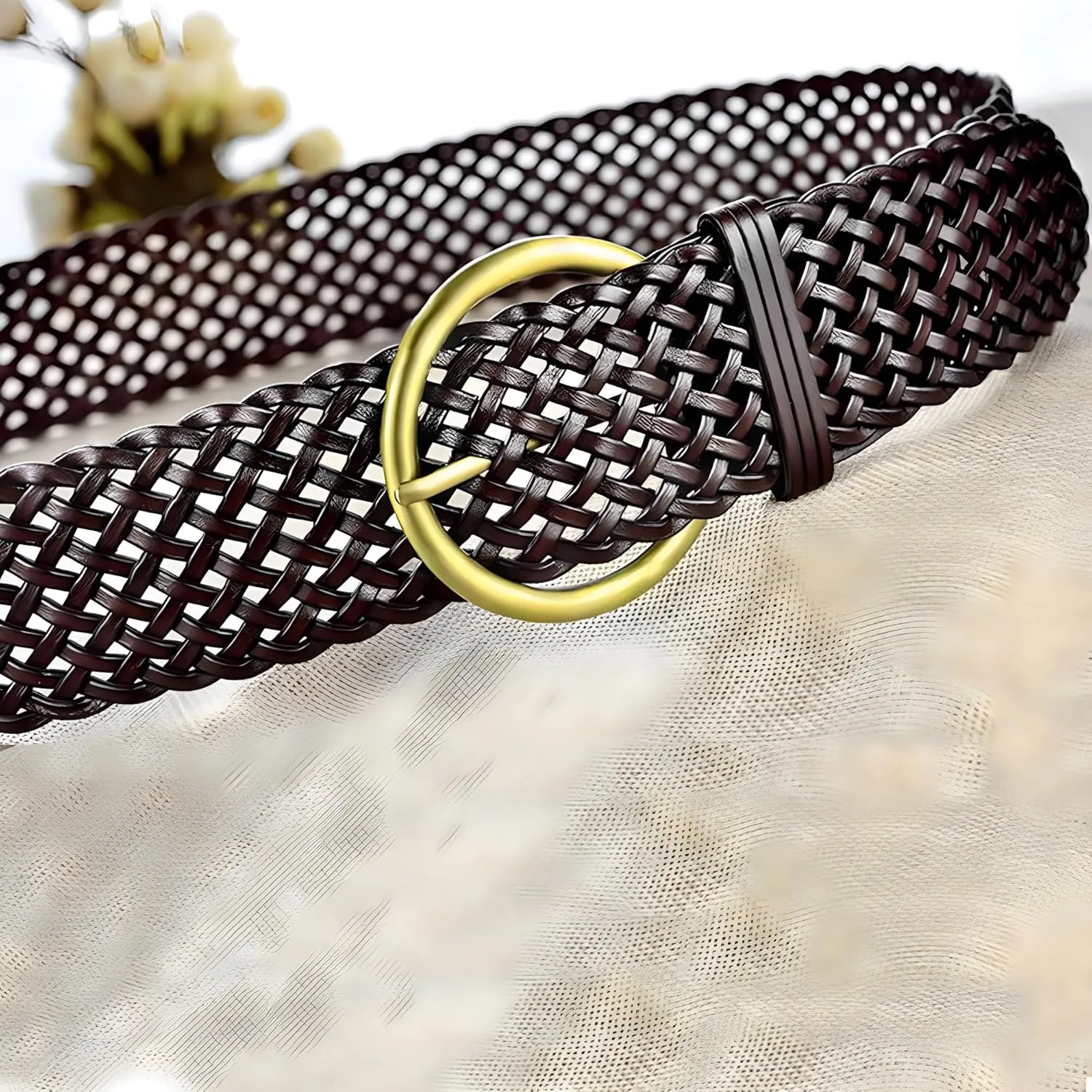 2 Inch Wide Leather Braided Belts for Women Hand Made Soft Woven Waistbands with Round Golden Pin Buckle