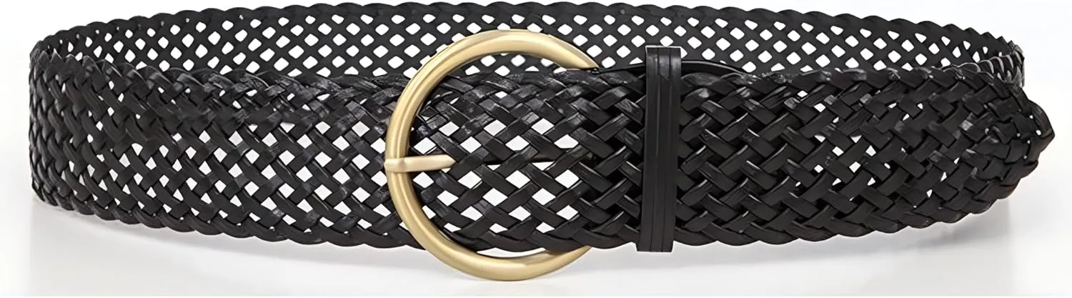 2 Inch Wide Leather Braided Belts for Women Hand Made Soft Woven Waistbands with Round Golden Pin Buckle
