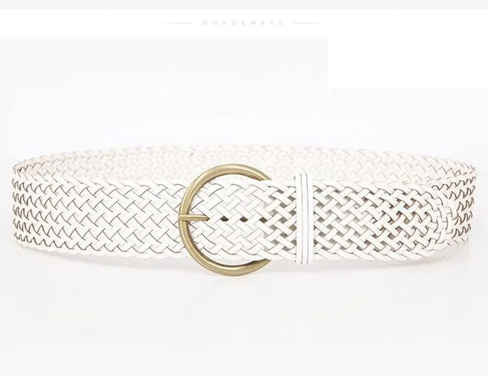 2 Inch Wide Leather Braided Belts for Women Hand Made Soft Woven Waistbands with Round Golden Pin Buckle