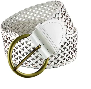 2 Inch Wide Leather Braided Belts for Women Hand Made Soft Woven Waistbands with Round Golden Pin Buckle