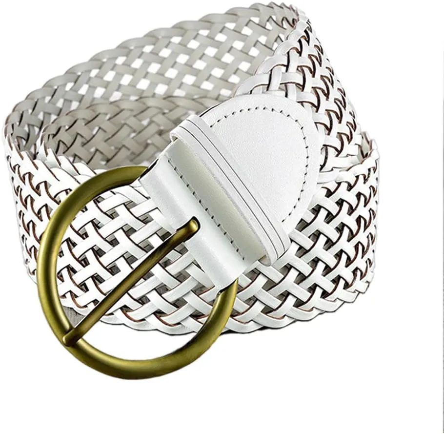 2 Inch Wide Leather Braided Belts for Women Hand Made Soft Woven Waistbands with Round Golden Pin Buckle