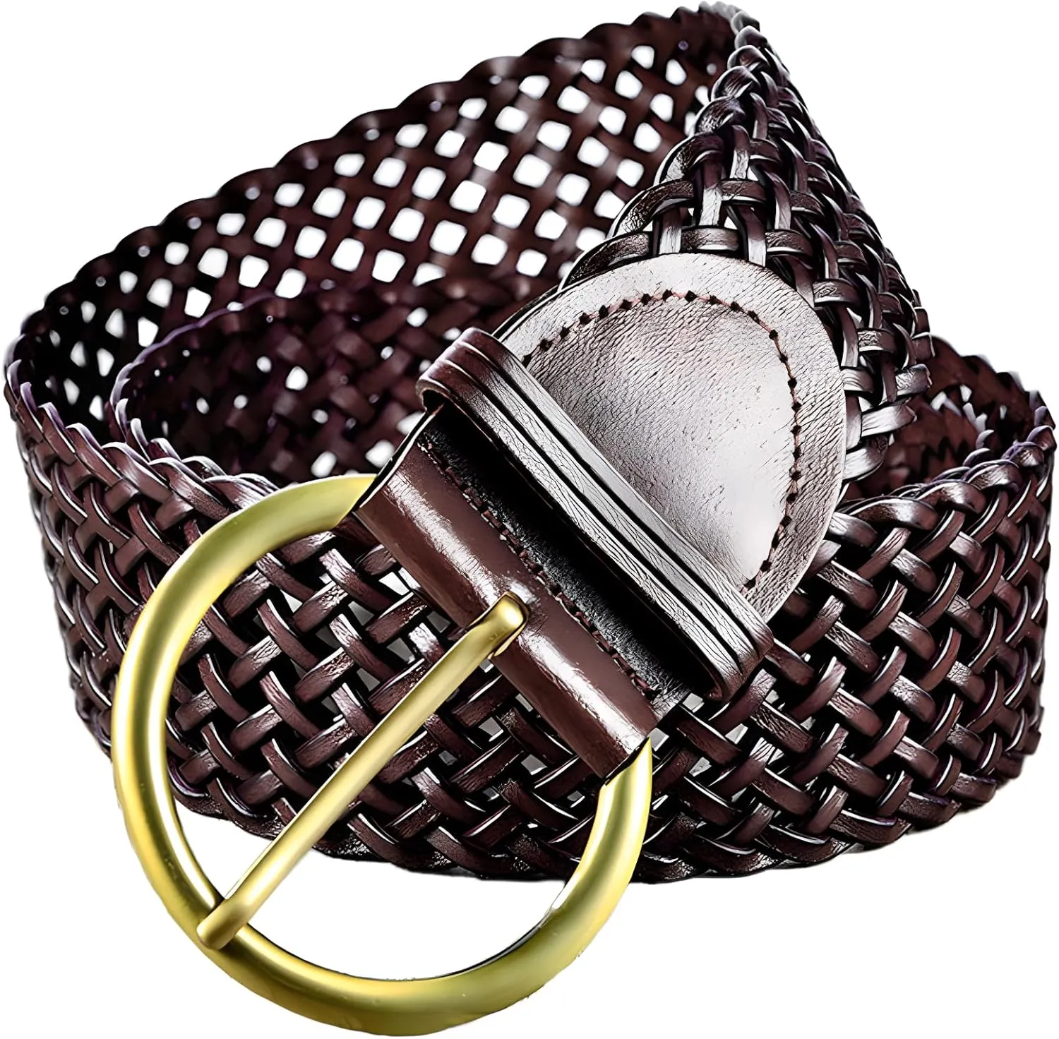 2 Inch Wide Leather Braided Belts for Women Hand Made Soft Woven Waistbands with Round Golden Pin Buckle