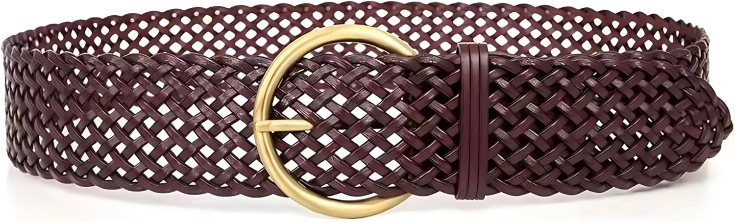 2 Inch Wide Leather Braided Belts for Women Hand Made Soft Woven Waistbands with Round Golden Pin Buckle