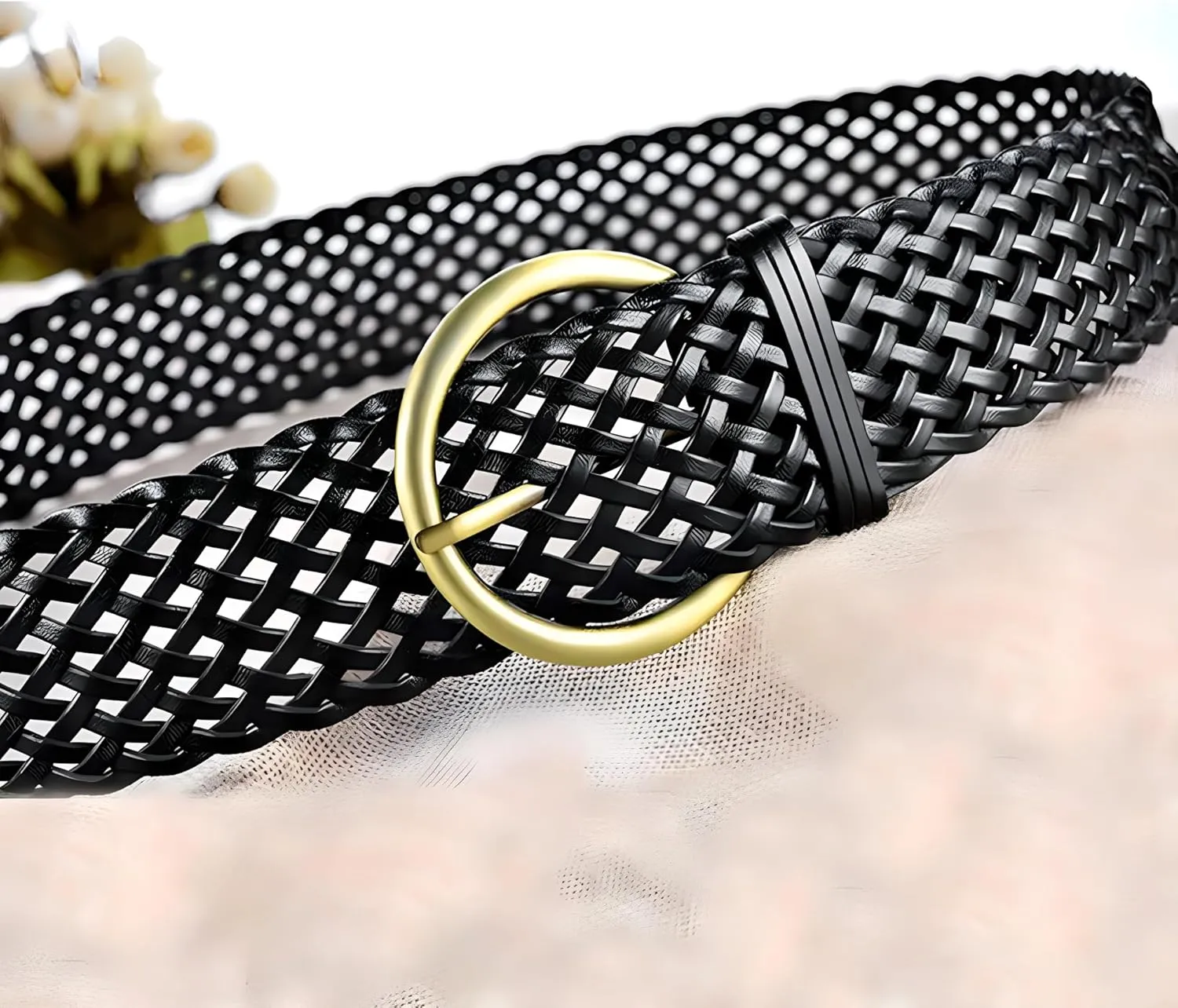 2 Inch Wide Leather Braided Belts for Women Hand Made Soft Woven Waistbands with Round Golden Pin Buckle
