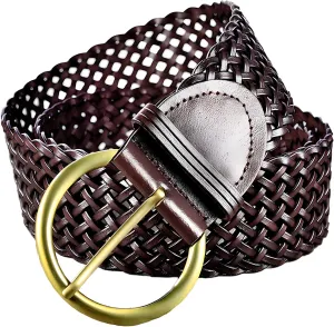 2 Inch Wide Leather Braided Belts for Women Hand Made Soft Woven Waistbands with Round Golden Pin Buckle