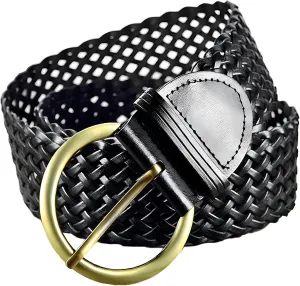 2 Inch Wide Leather Braided Belts for Women Hand Made Soft Woven Waistbands with Round Golden Pin Buckle