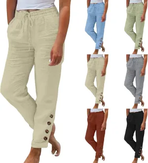 2024 Linen Crop Pants for Women Casual Summer Drawstring High Waisted Joggers with Pockets Straight Leg Cropped Pants
