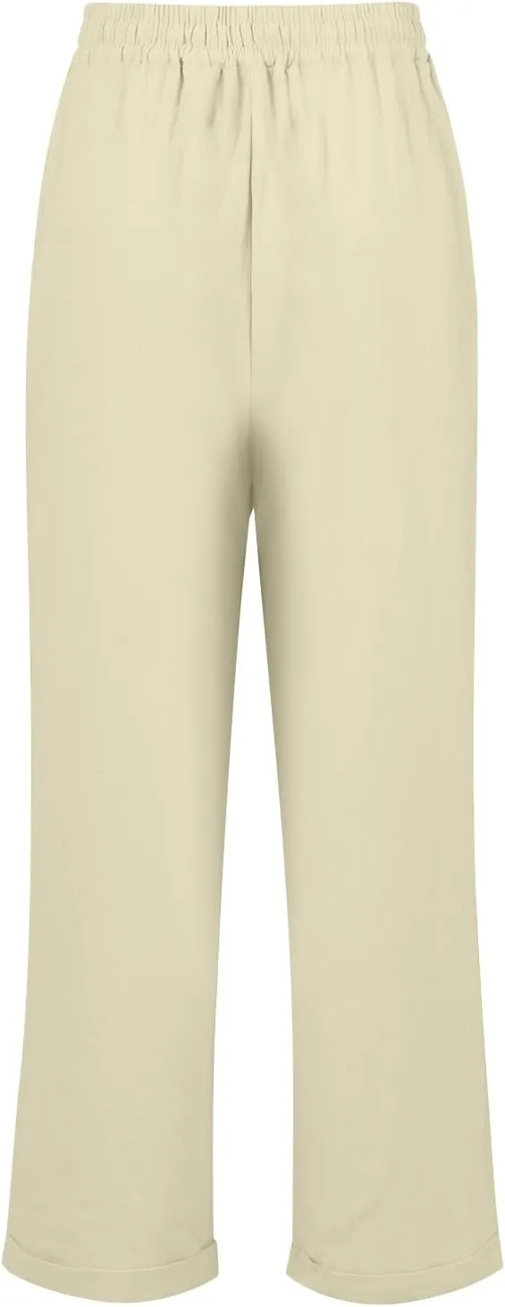 2024 Linen Crop Pants for Women Casual Summer Drawstring High Waisted Joggers with Pockets Straight Leg Cropped Pants