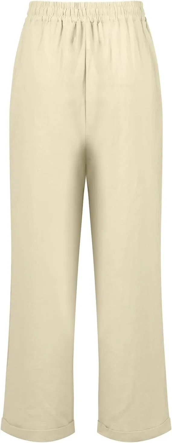 2024 Linen Crop Pants for Women Casual Summer Drawstring High Waisted Joggers with Pockets Straight Leg Cropped Pants