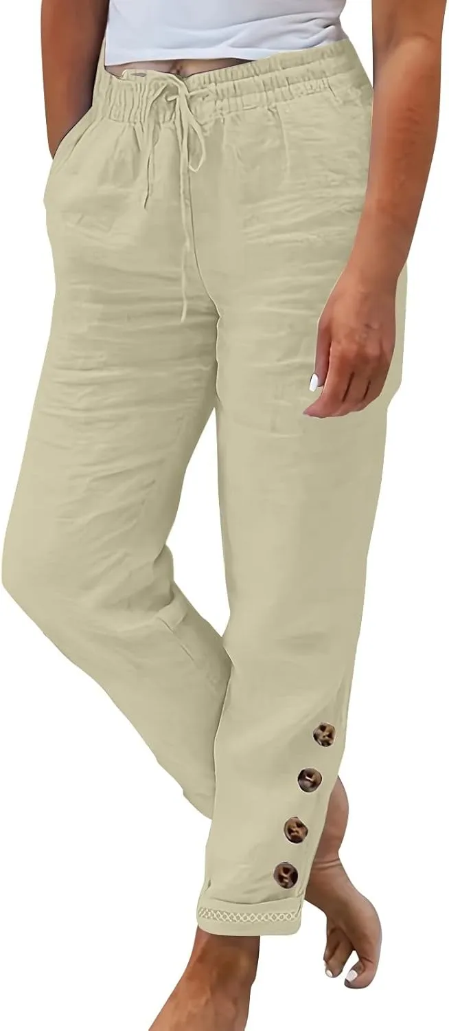 2024 Linen Crop Pants for Women Casual Summer Drawstring High Waisted Joggers with Pockets Straight Leg Cropped Pants