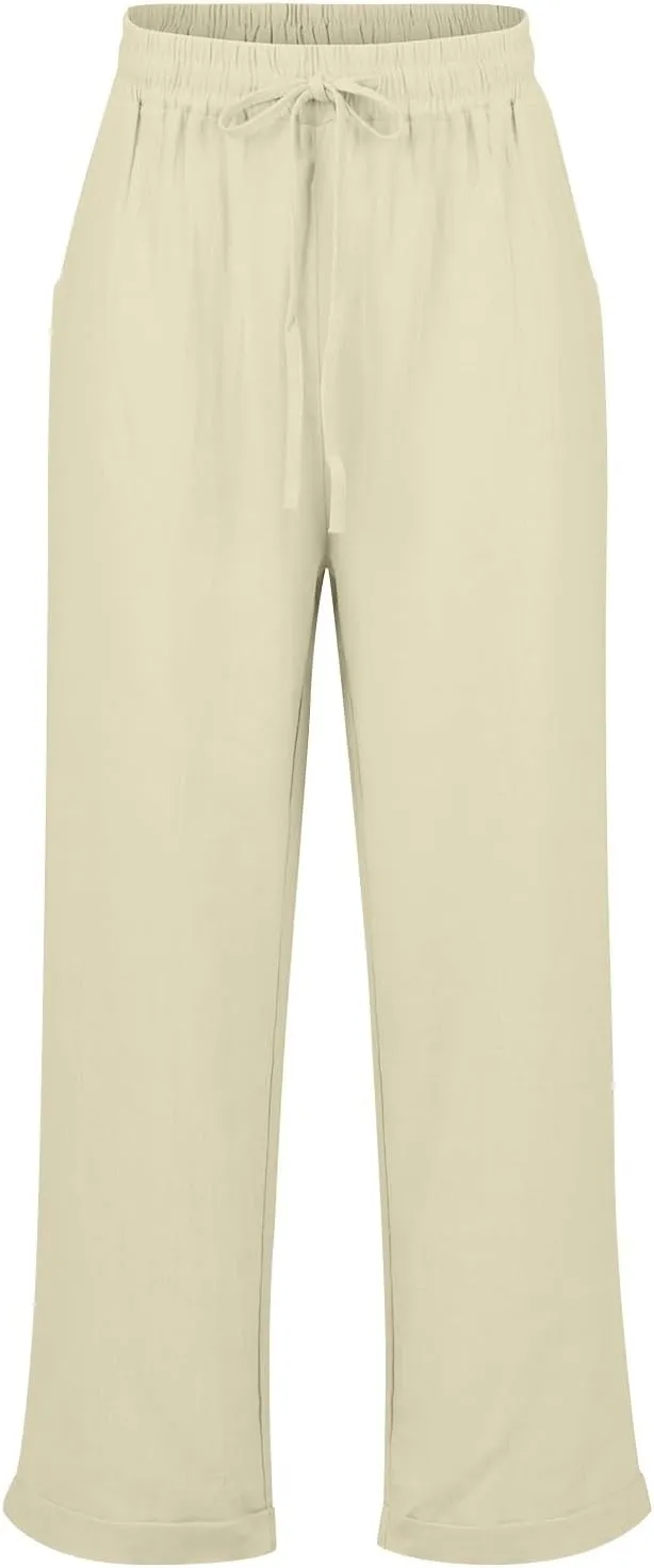 2024 Linen Crop Pants for Women Casual Summer Drawstring High Waisted Joggers with Pockets Straight Leg Cropped Pants