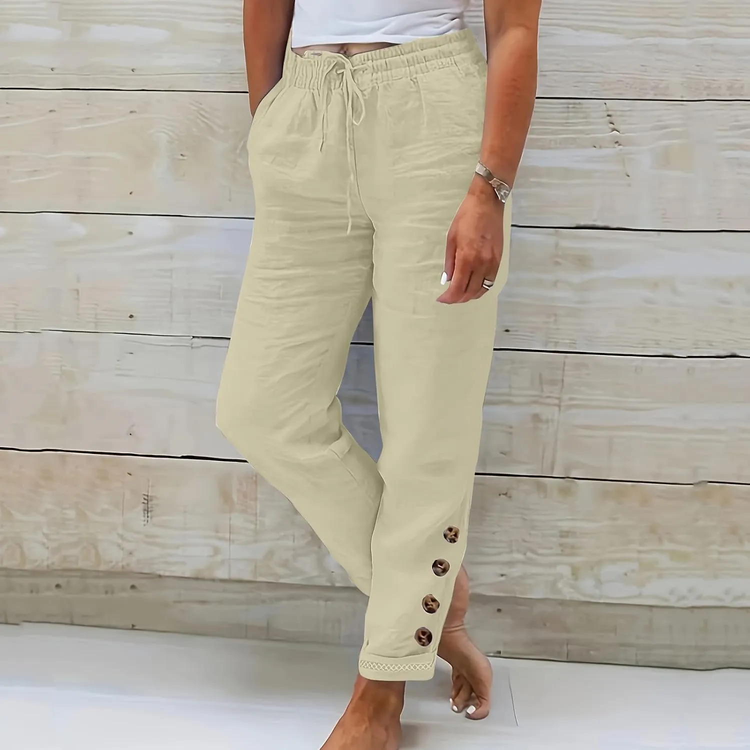 2024 Linen Crop Pants for Women Casual Summer Drawstring High Waisted Joggers with Pockets Straight Leg Cropped Pants