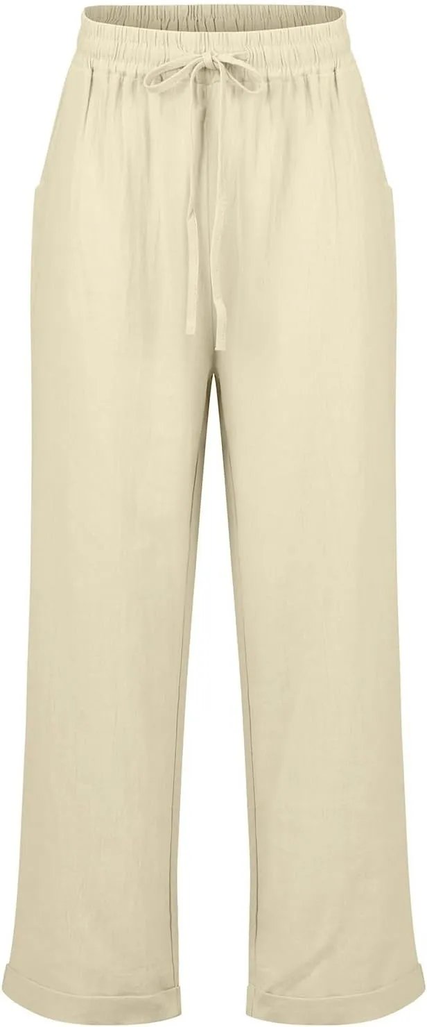 2024 Linen Crop Pants for Women Casual Summer Drawstring High Waisted Joggers with Pockets Straight Leg Cropped Pants