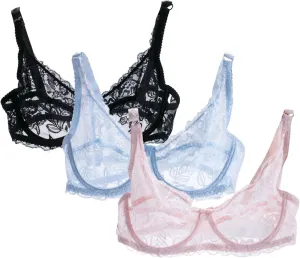 2PC/3PC See Through Bras for Women Sparkly Sexy Lace Underwire Full Coverage Unlined Bras Push Up Everyday Bra