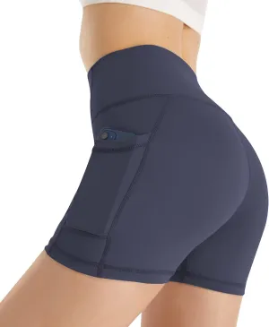 AKASO High Waist Yoga Shorts Running Fitness Bike Compression Exercise High Waist Women's Shorts with Pockets, Tummy Control Workout Shorts Navy Blue
