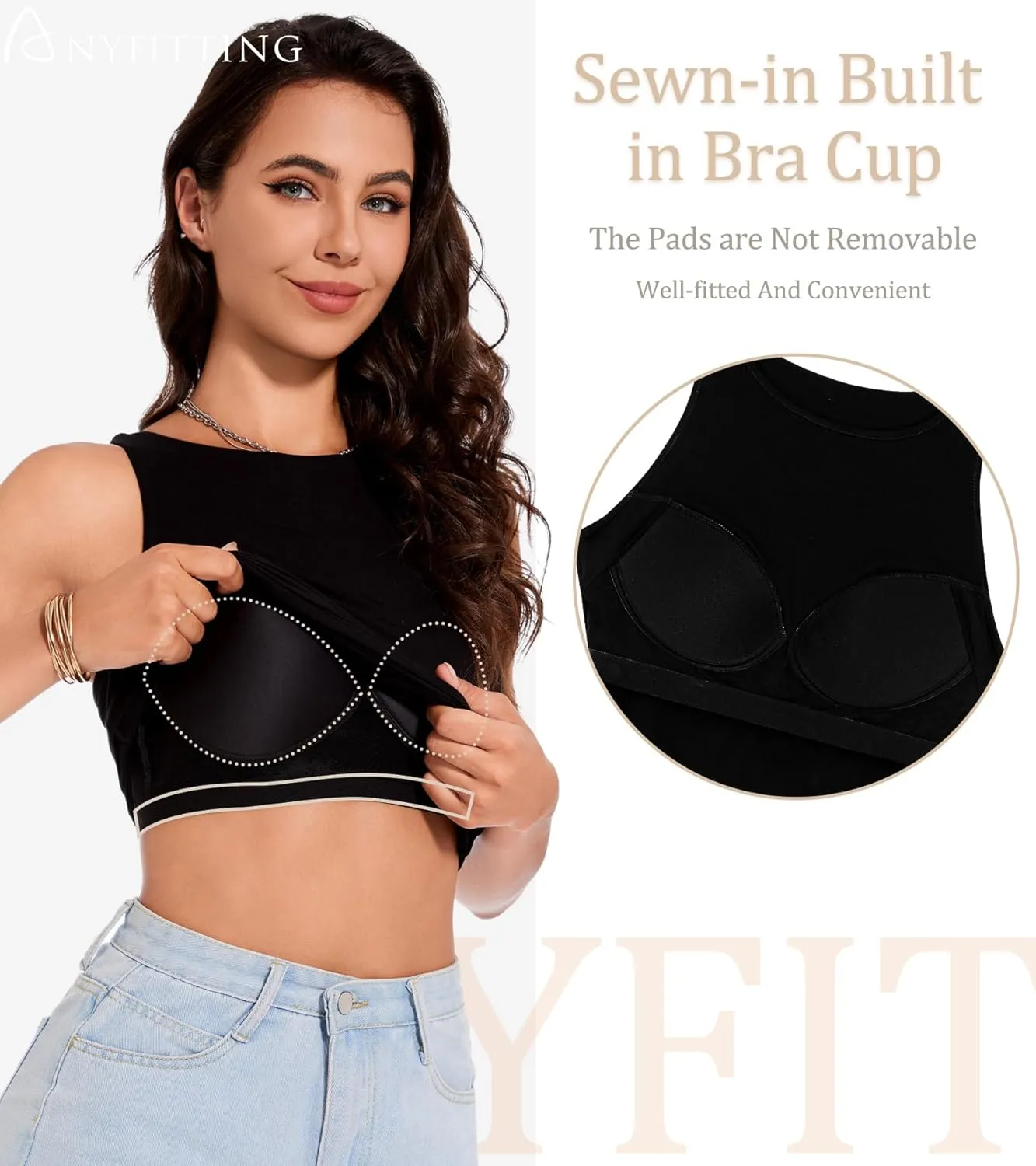 ANYFITTING Built in Bra Tank Tops for Women Sleeveless High Neck Fitted Shirts Summer Spring Basic Undershirts