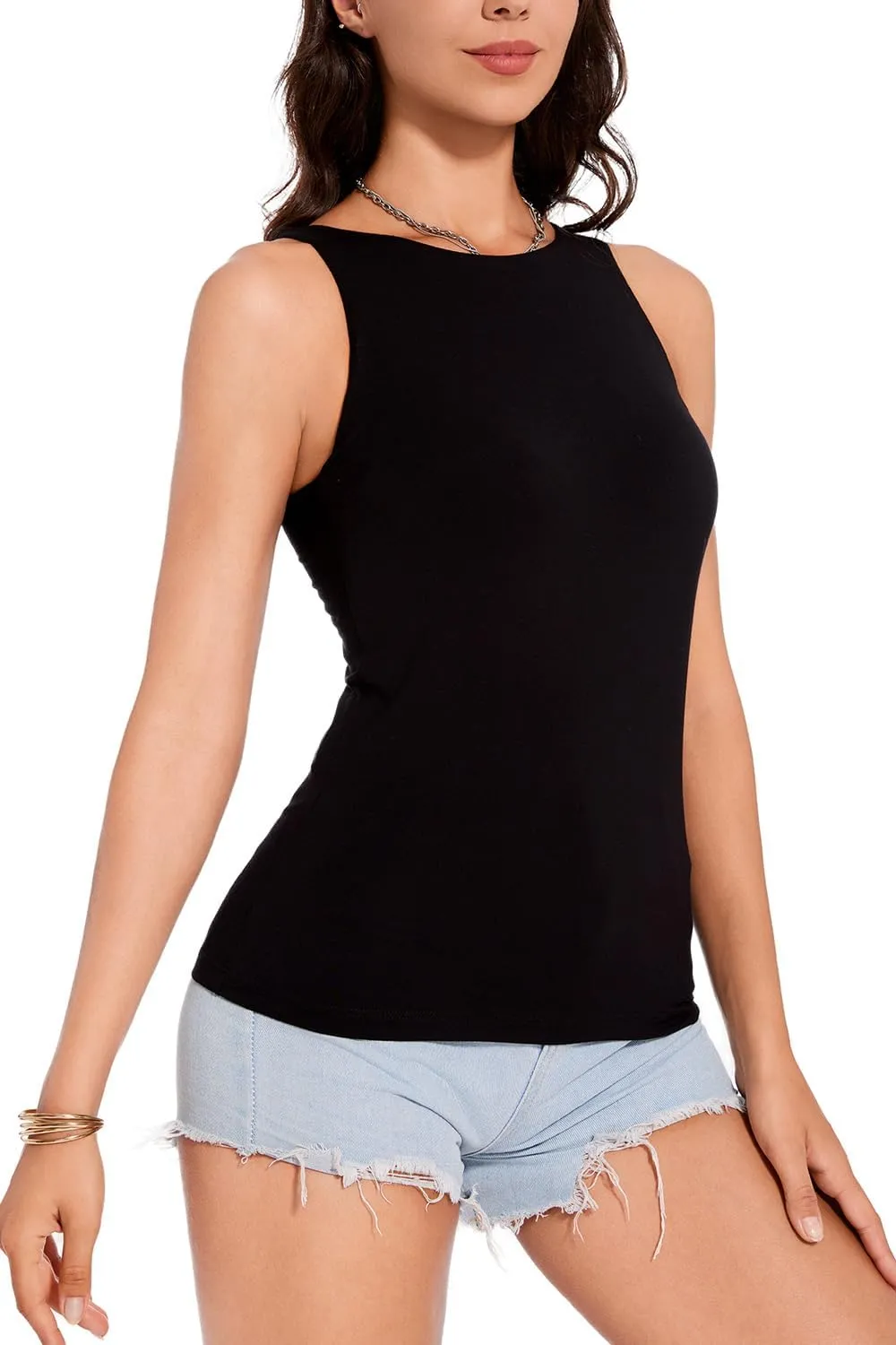 ANYFITTING Built in Bra Tank Tops for Women Sleeveless High Neck Fitted Shirts Summer Spring Basic Undershirts