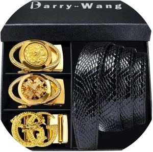 Barry.Wang Ratchet Belts Set for Men 3 Buckles Genuine Leather Slide Strap Replacement 35mm Automatic Click Gift Box
