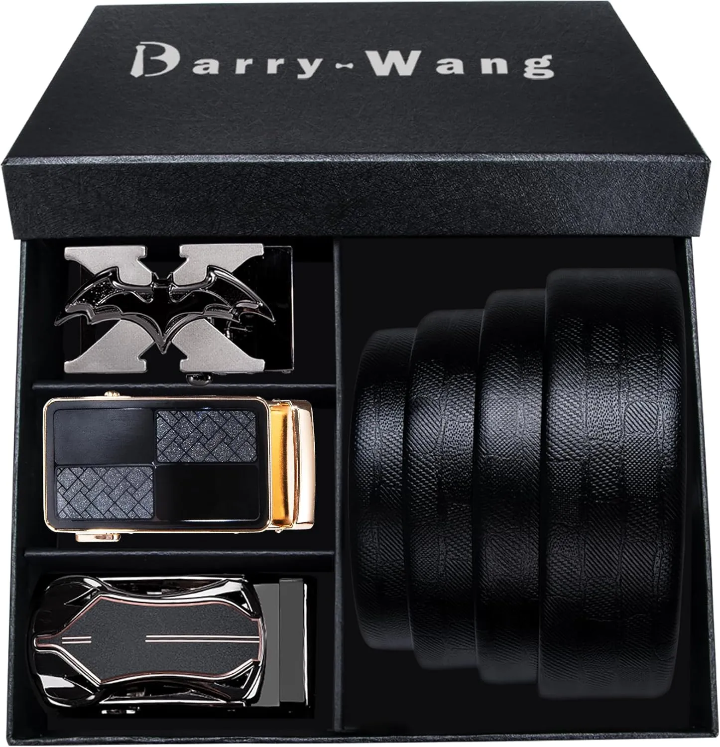 Barry.Wang Ratchet Belts Set for Men 3 Buckles Genuine Leather Slide Strap Replacement 35mm Automatic Click Gift Box