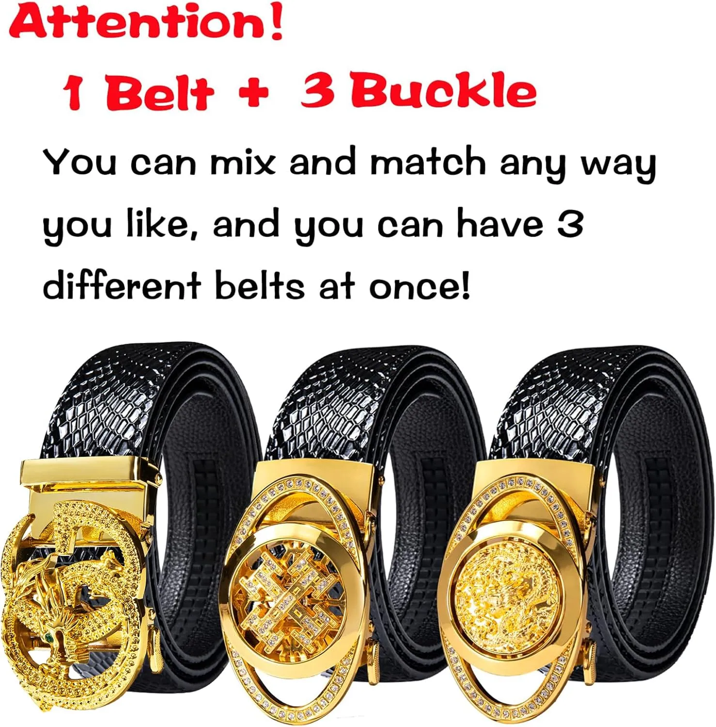 Barry.Wang Ratchet Belts Set for Men 3 Buckles Genuine Leather Slide Strap Replacement 35mm Automatic Click Gift Box