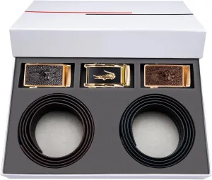 Barry.Wang Ratchet Belts Set for Men 3 Buckles Genuine Leather Slide Strap Replacement 35mm Automatic Click Gift Box
