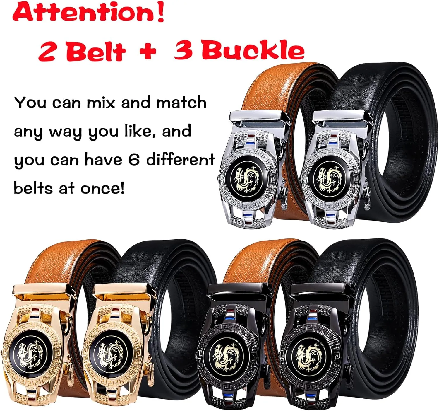 Barry.Wang Ratchet Belts Set for Men 3 Buckles Genuine Leather Slide Strap Replacement 35mm Automatic Click Gift Box
