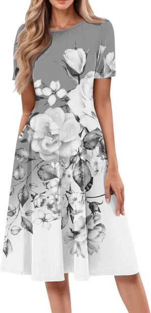 Beach Vacation Short Sleeve Crewneck Casual Loose Summer Short Sleeve Beach Dress with Square Neck Floral Midi Dress