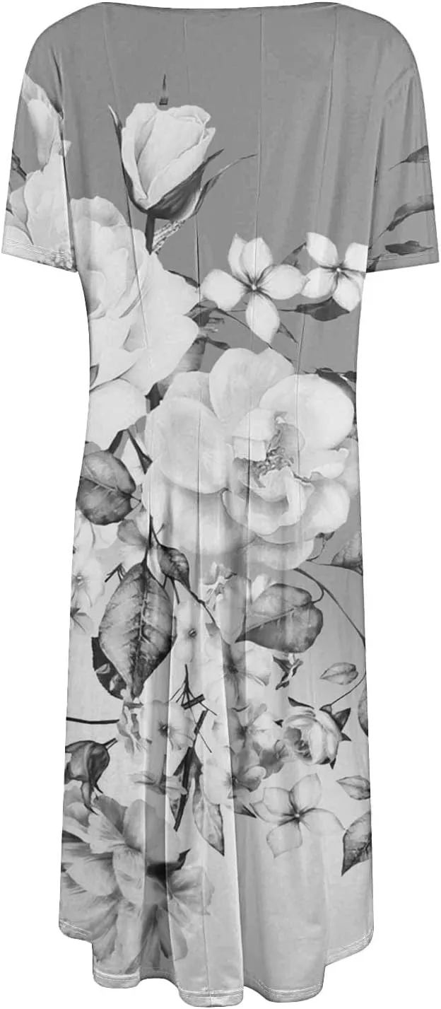 Beach Vacation Short Sleeve Crewneck Casual Loose Summer Short Sleeve Beach Dress with Square Neck Floral Midi Dress