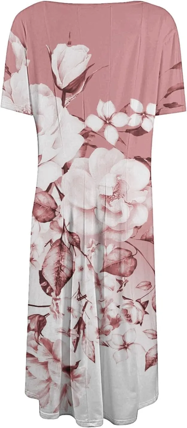 Beach Vacation Short Sleeve Crewneck Casual Loose Summer Short Sleeve Beach Dress with Square Neck Floral Midi Dress