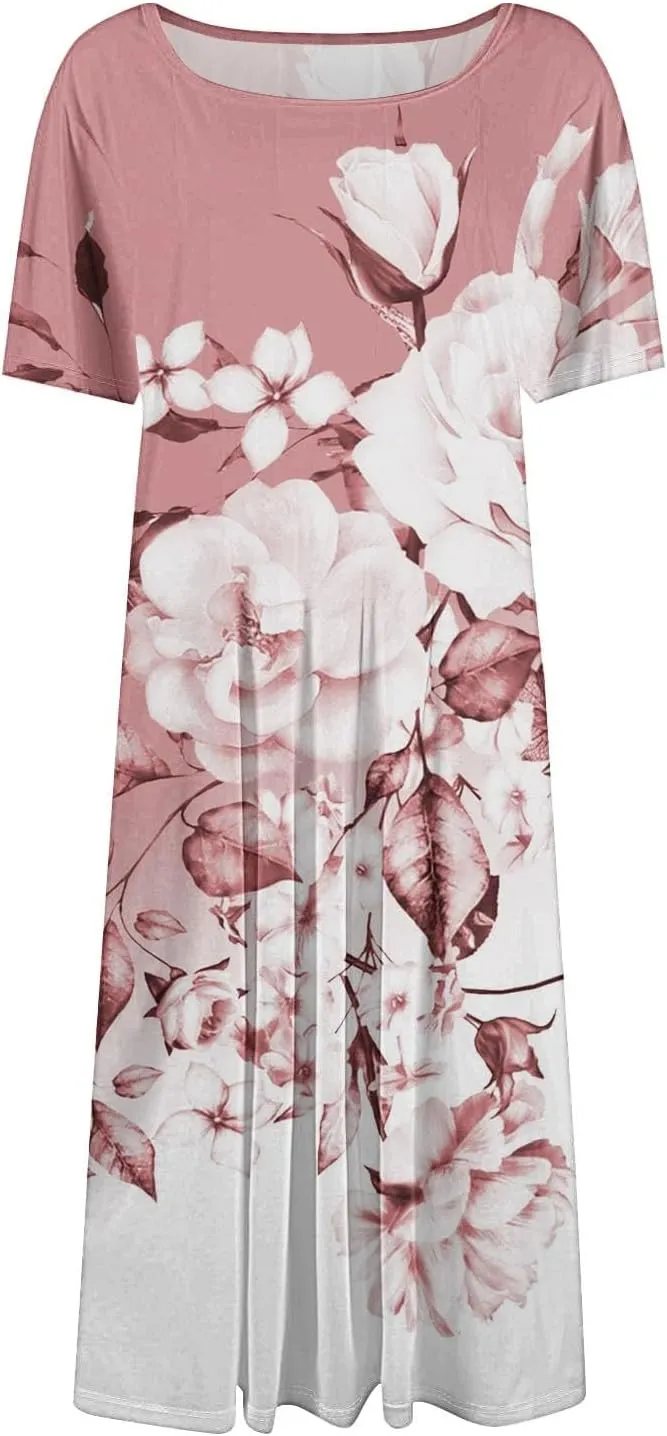 Beach Vacation Short Sleeve Crewneck Casual Loose Summer Short Sleeve Beach Dress with Square Neck Floral Midi Dress
