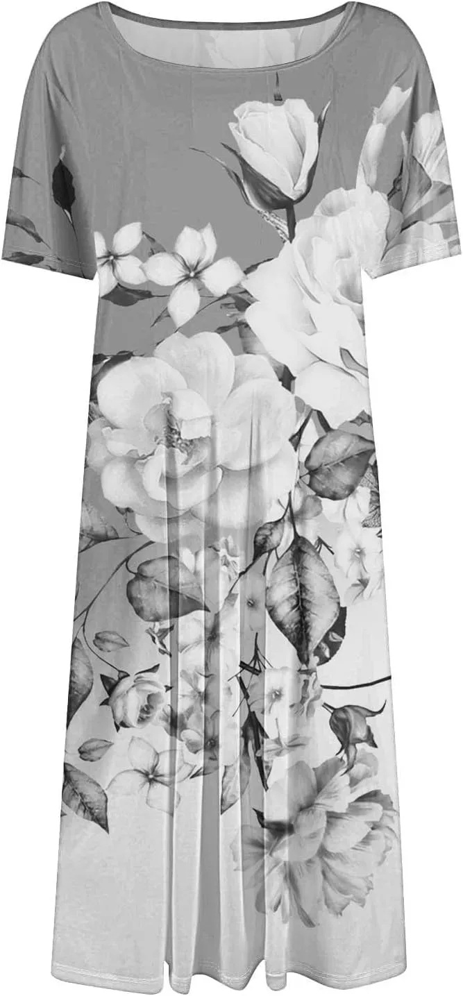 Beach Vacation Short Sleeve Crewneck Casual Loose Summer Short Sleeve Beach Dress with Square Neck Floral Midi Dress