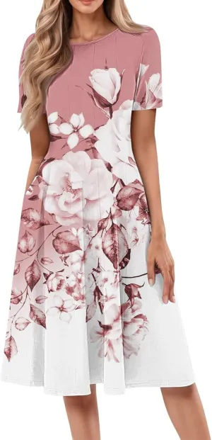 Beach Vacation Short Sleeve Crewneck Casual Loose Summer Short Sleeve Beach Dress with Square Neck Floral Midi Dress