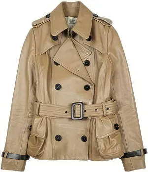 Beige Genuine Sheepskin Womens Double Breasted Belted Short Leather Trench Coat Classic Moto Racing High-Street Style