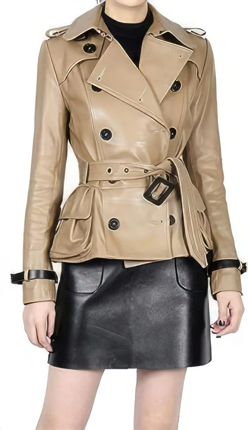 Beige Genuine Sheepskin Womens Double Breasted Belted Short Leather Trench Coat Classic Moto Racing High-Street Style