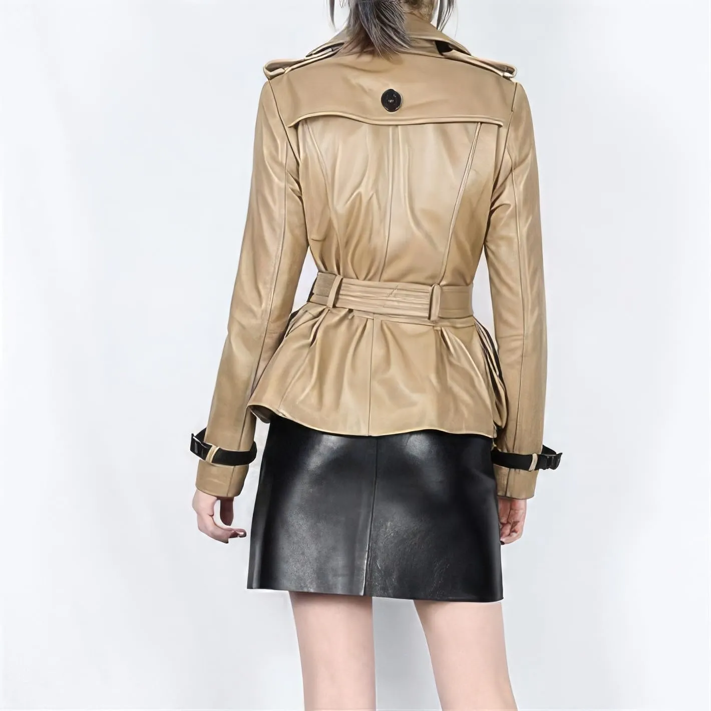 Beige Genuine Sheepskin Womens Double Breasted Belted Short Leather Trench Coat Classic Moto Racing High-Street Style