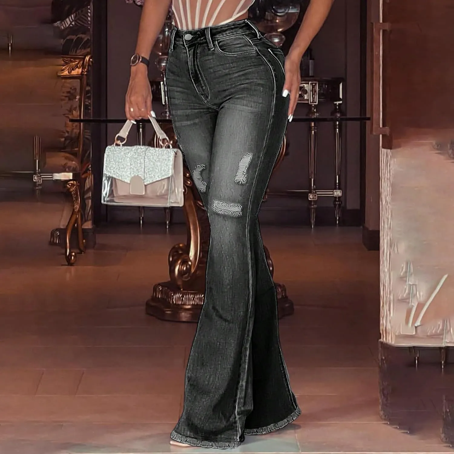 Bell Bottom Jeans for Women Ripped Skinny Raw Hem Plus Size Stretchy High Waisted Denim Wide Leg Jeans with Pockets