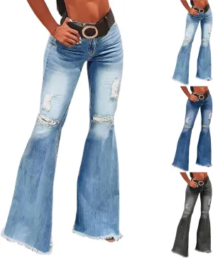Bell Bottom Jeans for Women Ripped Skinny Raw Hem Plus Size Stretchy High Waisted Denim Wide Leg Jeans with Pockets