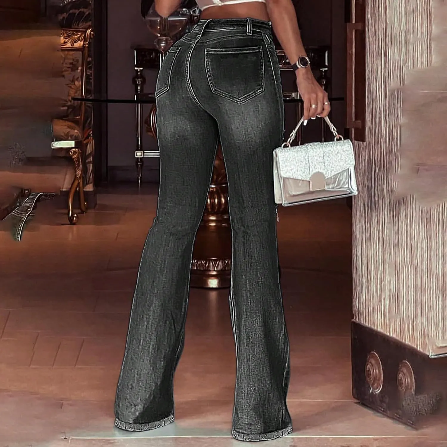 Bell Bottom Jeans for Women Ripped Skinny Raw Hem Plus Size Stretchy High Waisted Denim Wide Leg Jeans with Pockets