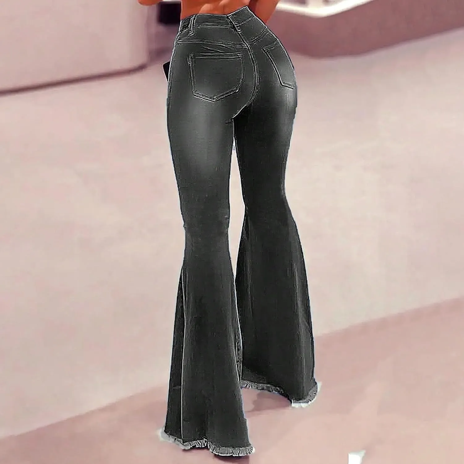 Bell Bottom Jeans for Women Ripped Skinny Raw Hem Plus Size Stretchy High Waisted Denim Wide Leg Jeans with Pockets
