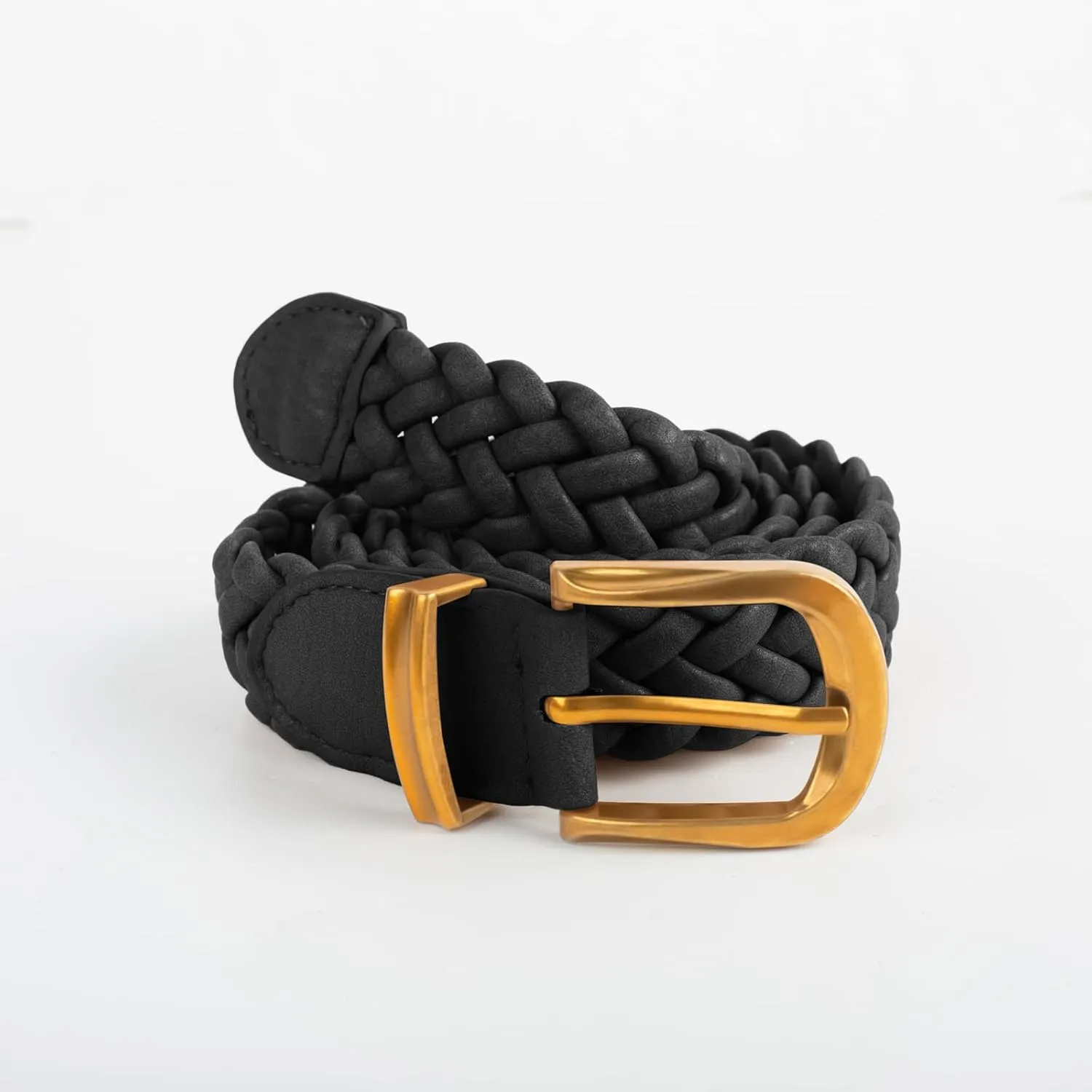 Belle Poque Womens Leather Braided Belts For Jeans Dresses Pants 1.2 Inch Wide Elastic Waist Woven Belt with Gold Buckle
