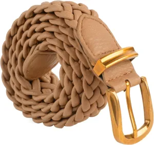 Belle Poque Womens Leather Braided Belts For Jeans Dresses Pants 1.2 Inch Wide Elastic Waist Woven Belt with Gold Buckle