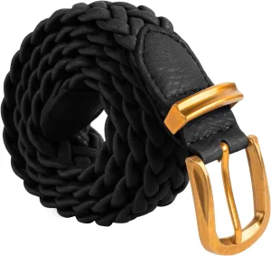 Belle Poque Womens Leather Braided Belts For Jeans Dresses Pants 1.2 Inch Wide Elastic Waist Woven Belt with Gold Buckle
