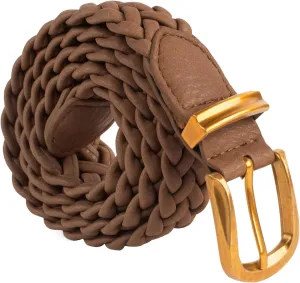 Belle Poque Womens Leather Braided Belts For Jeans Dresses Pants 1.2 Inch Wide Elastic Waist Woven Belt with Gold Buckle
