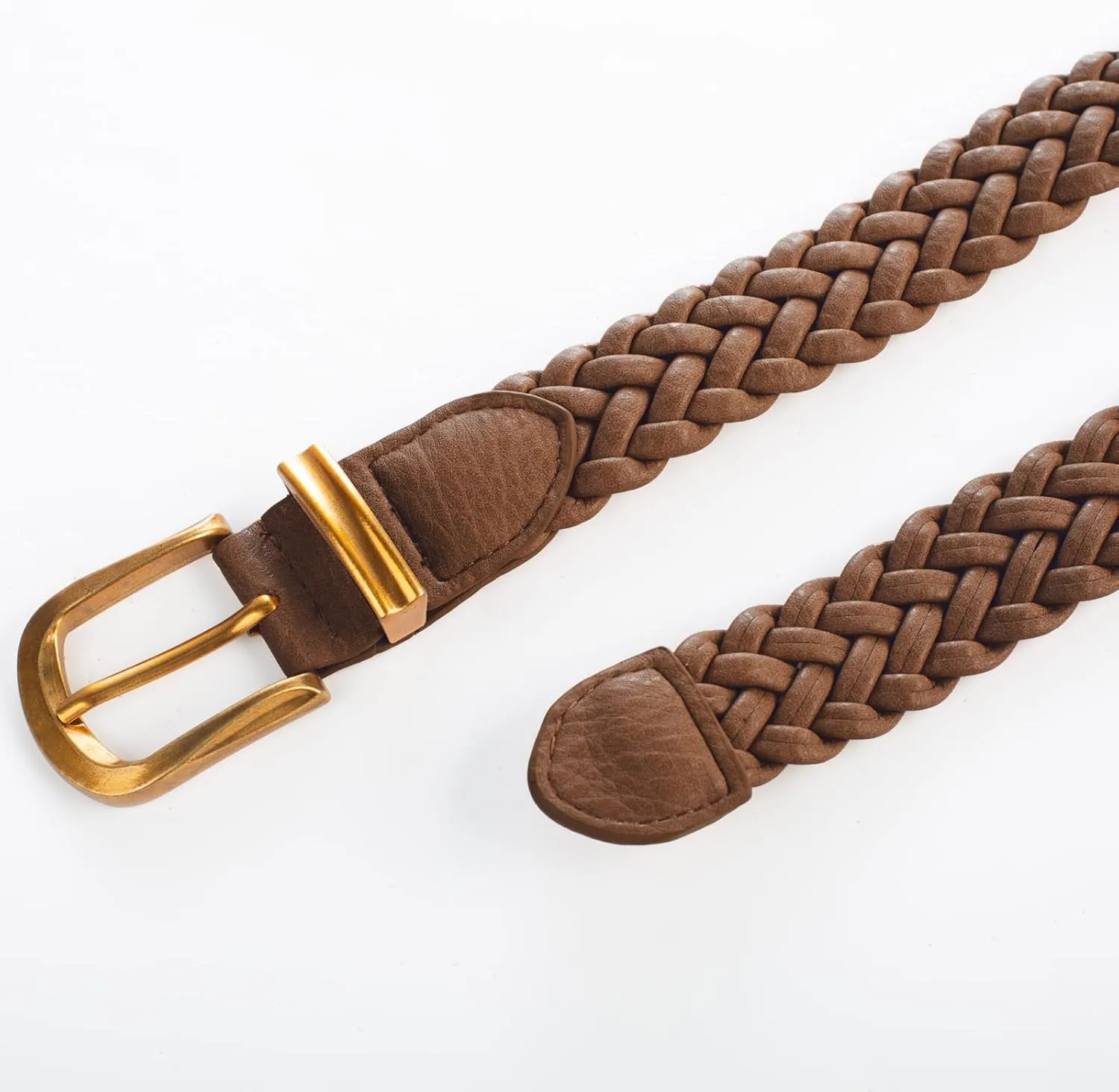 Belle Poque Womens Leather Braided Belts For Jeans Dresses Pants 1.2 Inch Wide Elastic Waist Woven Belt with Gold Buckle