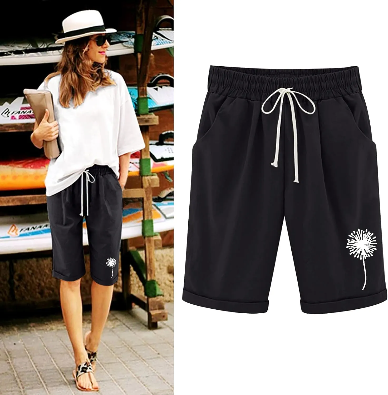 Bermuda Shorts for Women Long Cotton Casual Summer Knee Length Pull On Lounge Walking Exercise Shorts