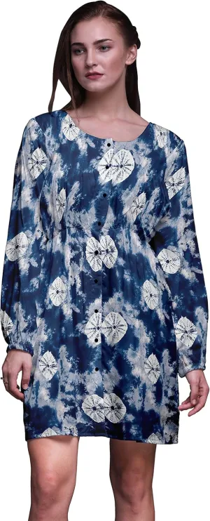 Bimba Blue Bandhani Tie-Dye Button Down Midi Shift Dress Women Shirt Summer Causal Tunic-XX-Large